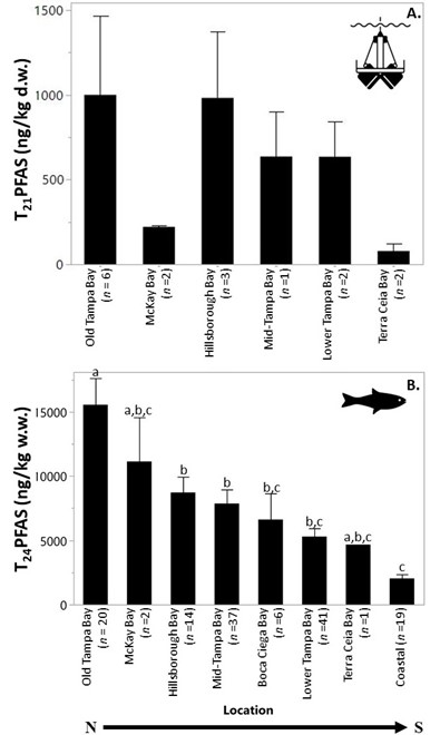 Total mean PFAS concentrations in sediment (A) and fish (B) collected in Tampa Bay. Segments are ordered from north to south. 