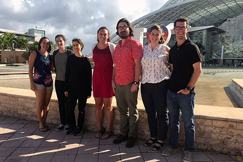 Seven USF CMS graduate students just wrapped up their second day at the 2019 Association for the Sciences of Limnology and Oceanography (ASLO) conference in San Juan, Puerto Rico. Attendees include left to right: Jon Sharp, Ellie Hudson-Heck, Shannon Burns, Adrienne Hollister, Katelyn Schockman, Kate Dubickas, and Ben Ross. Photo courtesy of: Kate Dubickas