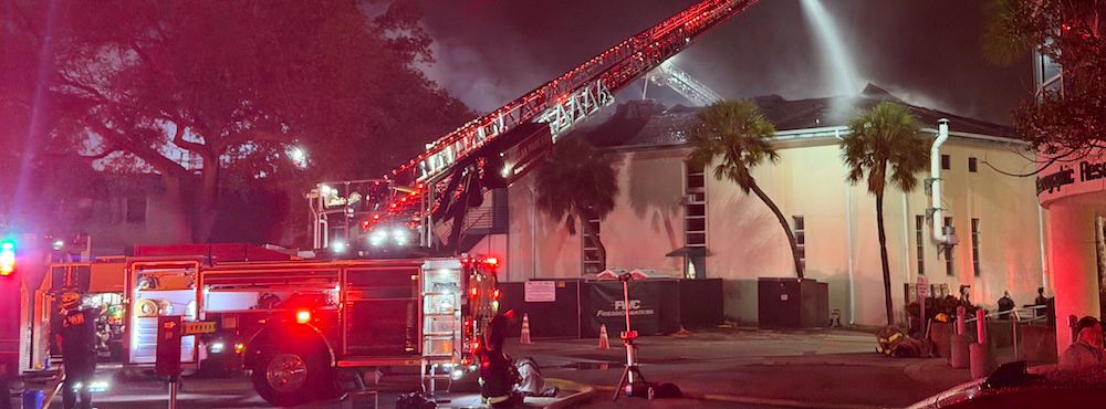 Fire crews worked to control the fire at the Marine Science Laboratory in May. Photo Credit: Cameron Dennis