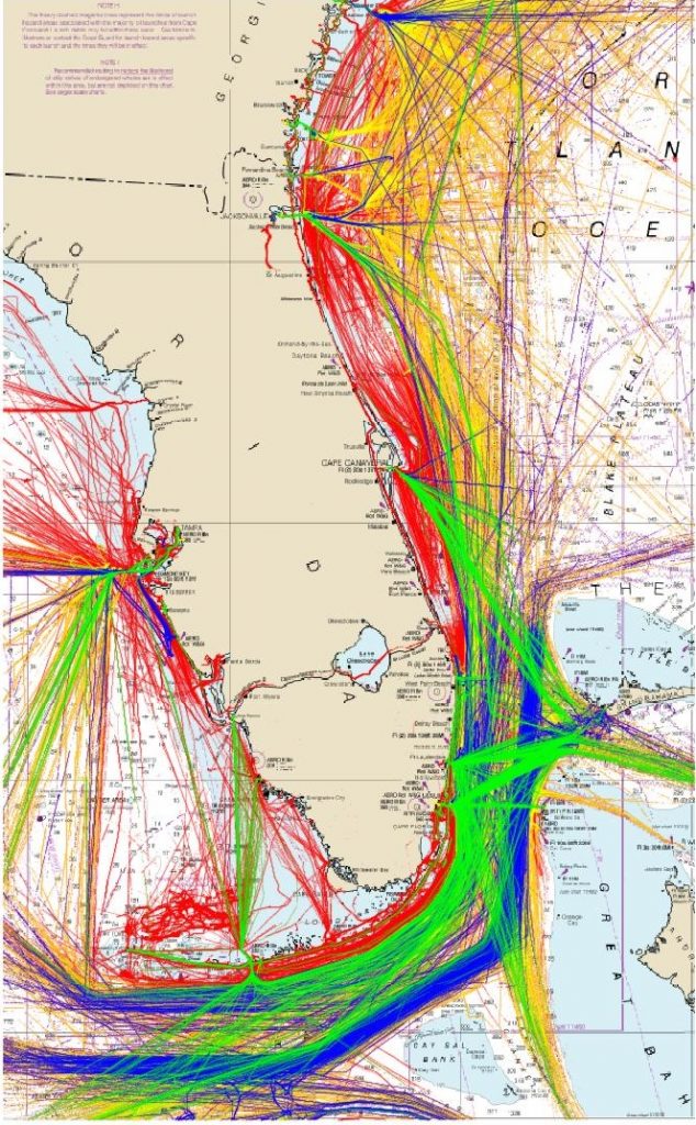 One month of vessel tracks near Florida. Colors indicate vessel type: cargo (red), passenger (green), tanker (blue), and Other (yellow).