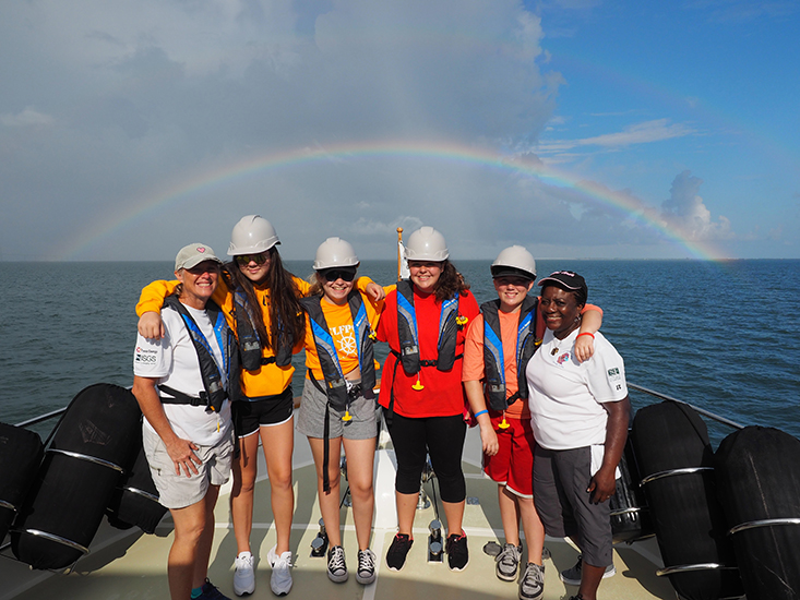Oceanography Camp for Girls (OCG) is a three-week summer program for young women from Pinellas County. Dr. Teresa Greely (far left), has served as the Camp’s director since 1994. Dr. Angela Lodge (far right), a former social worker and youth development expert co-directed OCG with Greely for more than 20 years.