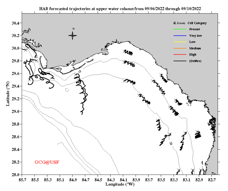 West Florida Coastal Ocean Model-based Red Tide tracking forecasted trajectories at upper water column on the West Florida Shelf developed by the Ocean Circulation Lab. Black lines represent simulated drifter trajectories.