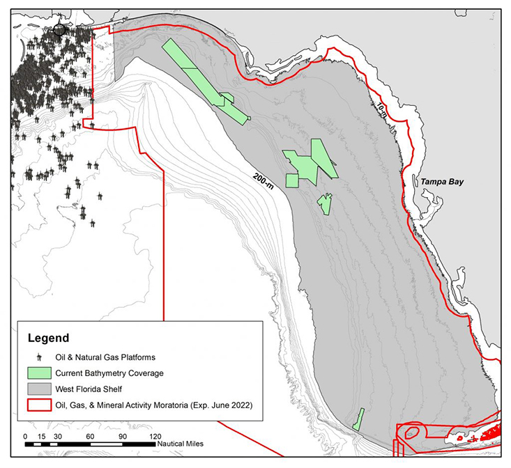 The USFCMS team has mapped several sections of the west Florida shelf – a total area larger than Jacksonville, the largest city in Florida – doubling the areas mapped to date from three to 6 percent. There’s a lot left to map and understand, especially as pressure from the oil and gas industry looms.