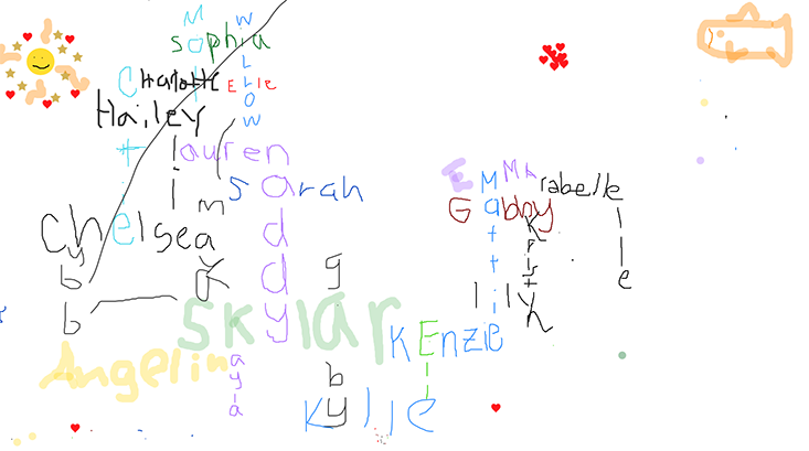 Screenshot of the name acrostic created by OCG campers using the whiteboard function during the camp’s kickoff event. Kerr and Hartman took a creative approach to the Zoom call, allowing the girls to draw and play games throughout the two hour event. Photo courtesy of OCG.