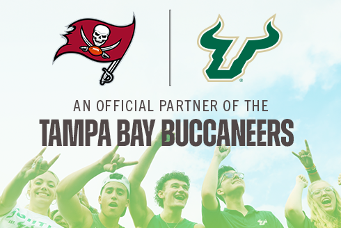 Graphic with the Bucs flag and USF logo that says