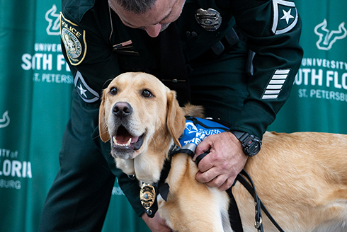 Snowbird the comfort dog and his handler