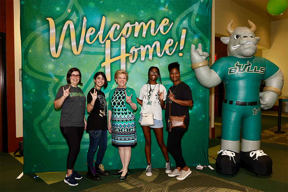 President Law with new students and families