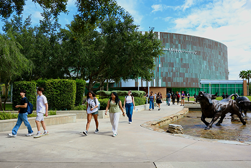 Students walk outside the Marshall Student Center
