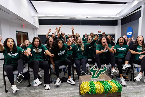 The South Florida Volleyball team reacts to hearing their name called during the 2025 NCAA Volleyball Selection Show on November 30, 2025.