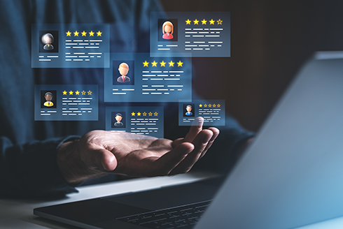 Mix of reviews on a graphic and man hand raised up