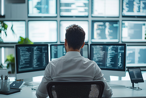 Man sits at computer screens