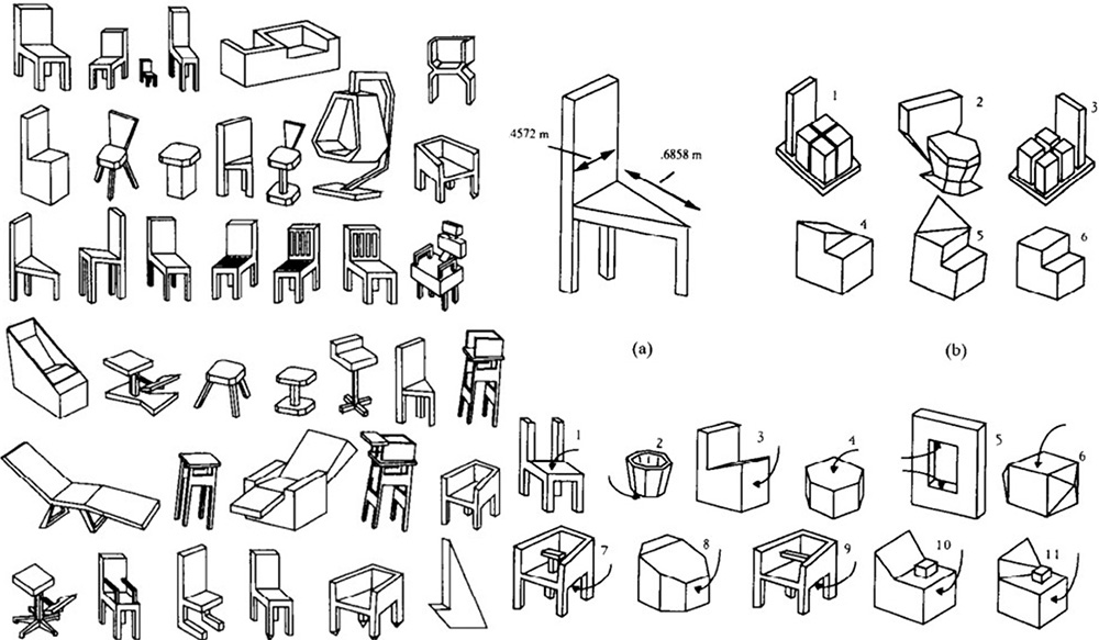 Renderings published in an academic journal that demonstrate various chairs and objects used to train AI