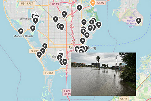 Map that hows pinpointed areas of flooding