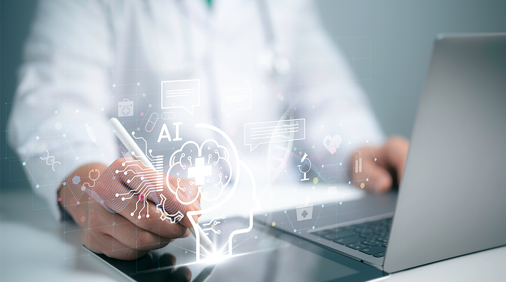 Doctor sits at computer with AI graphics in front of him
