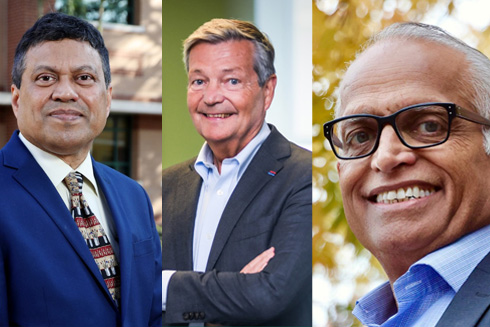 USF Provost and Executive Vice President Prasant Mohapatra, Professors Christian Bréchot and Chandrakant Patel 