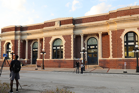 Tampa Union Station surrounded by students scanning the building