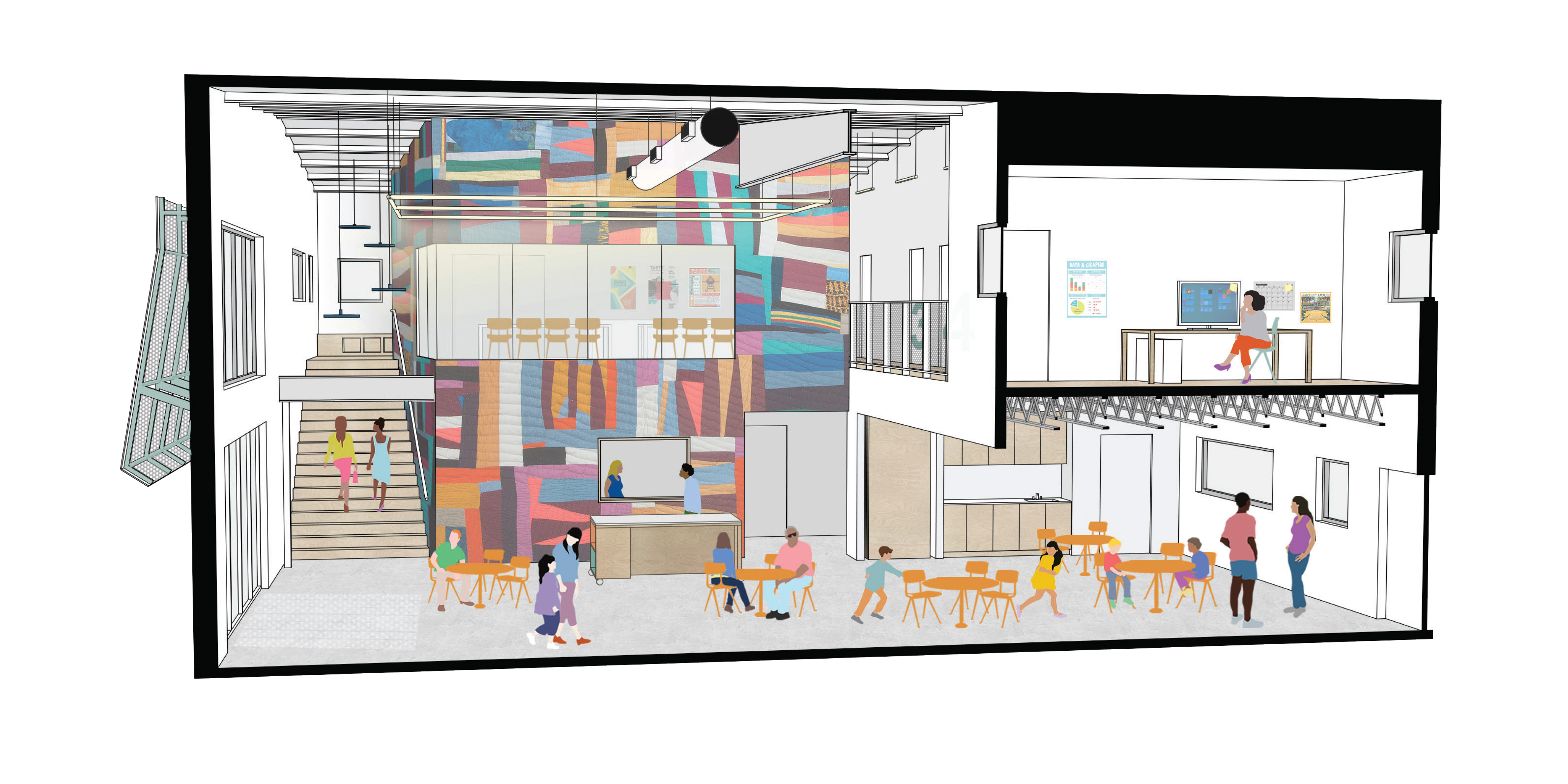 interior rendering with people in office space and common areas