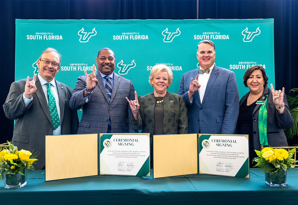 IAE President and CEO Darren Schumacher; USF President Rhea Law; Eric Moore, deputy to the commanding general, U.S. Army DEVCOM; Adam Rawlett, senior scientist, U.S. Army Research Lab; Norma Alcantar, engineering professor and associate dean of research
