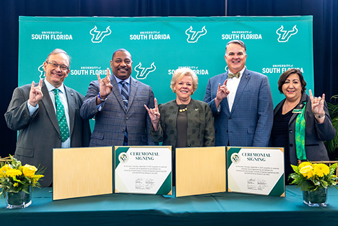  IAE President and CEO Darren Schumacher; USF President Rhea Law; Eric Moore, deputy to the commanding general, U.S. Army DEVCOM; Adam Rawlett, senior scientist, U.S. Army Research Lab; Norma Alcantar, engineering professor and associate dean of research