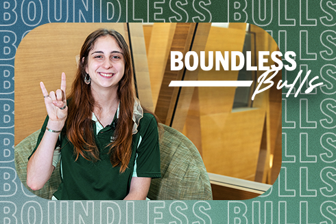 A photo of student May Birch showing the 'go bulls' hand gesture. Graphic text says, Boundless Bulls.