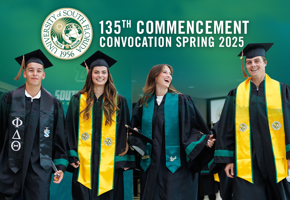 Four USF students in regalia stand with the words "135th commencement convocation spring 2025" above them in a graphic