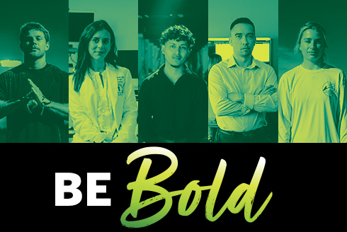 Five faculty and students from USF and the words, Be Bold