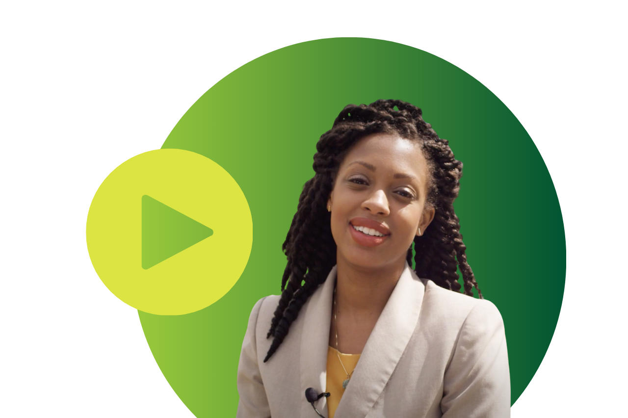 Nia in front of circle background with play button icon