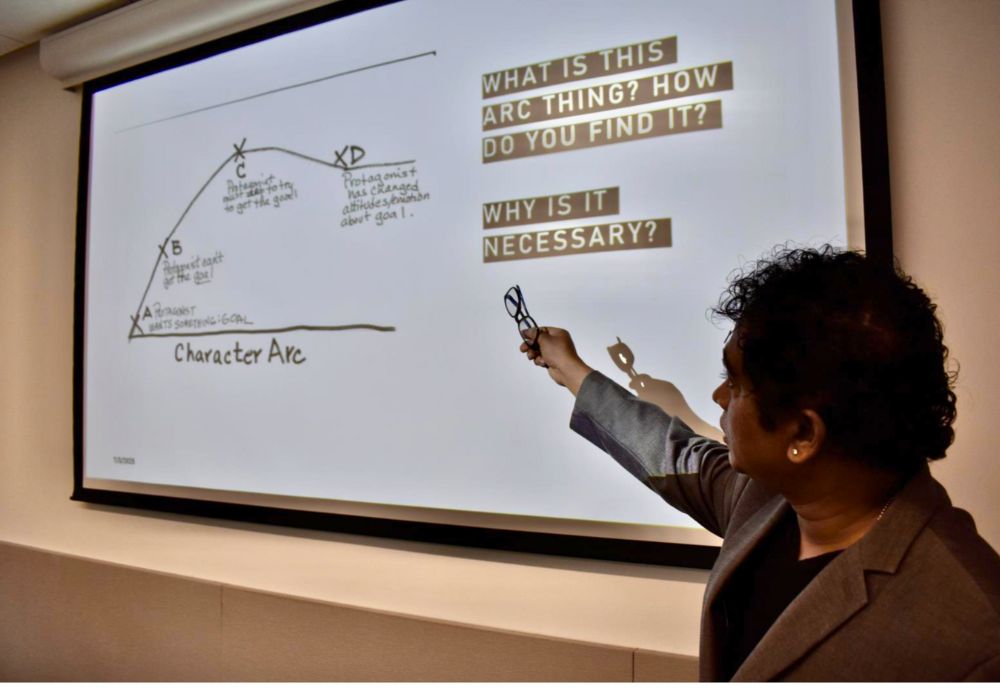 Dr. Sayandeb Basu introducing a "Finding Your Arc" writing session with a projector showing an image of a character arc and Dr. Basu pointing at the screen.