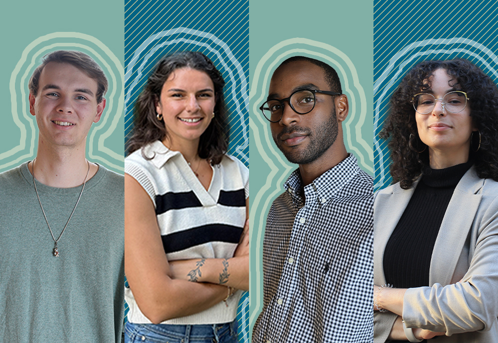 Four panel graphic of USF 2025 Fulbright US Student Award recipients Aiden Cox, Ella Guedouar, Derrick Dawson, and Tailyn Osorio 