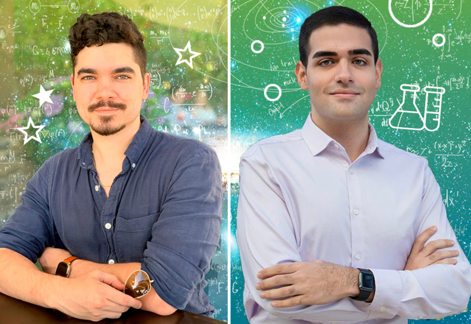 Two-panel image featuring Michael Calzadilla and Shahriar Zamani with their arms crossed in front of a background with assorted math and science symbols