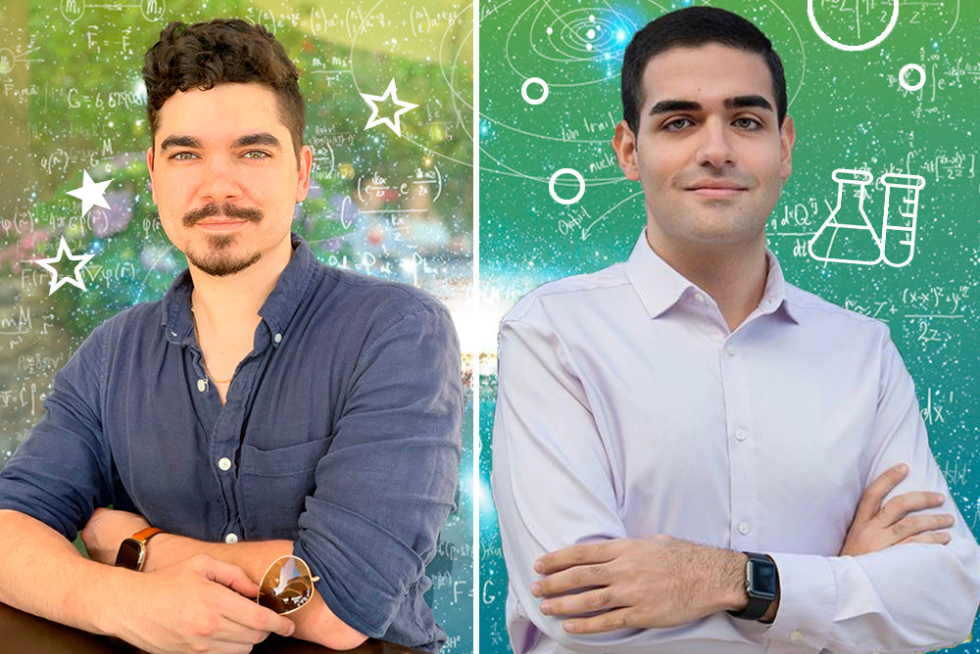 Two-panel image featuring Michael Calzadilla and Shahriar Zamani with their arms crossed in front of a background with assorted math and science symbols
