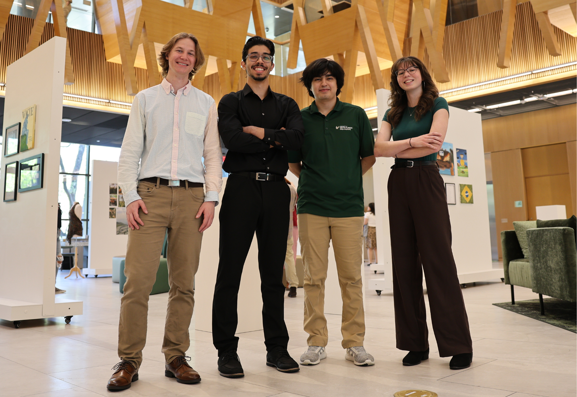 Four USF 2025 Goldwater Scholars standing in Judy Genshaft Honors College Atrium