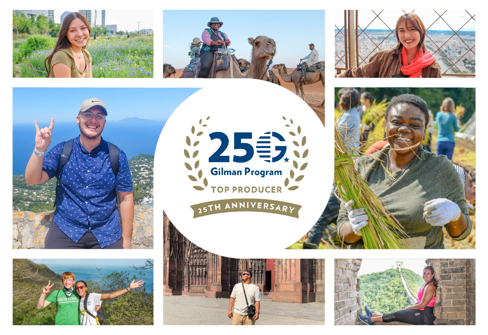 25th anniversary of the Gilman program graphic with images of students around the world in the background.