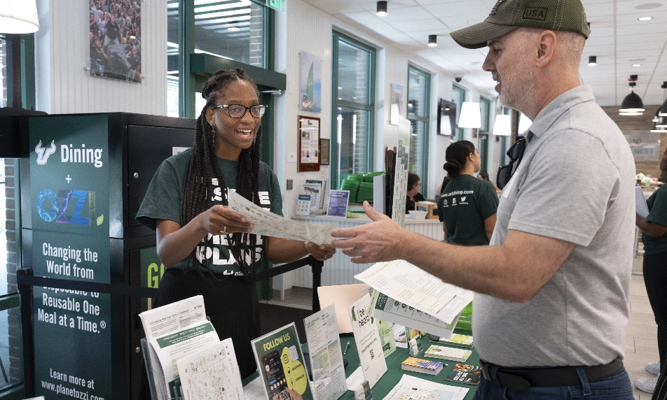 A family member receiving dining information