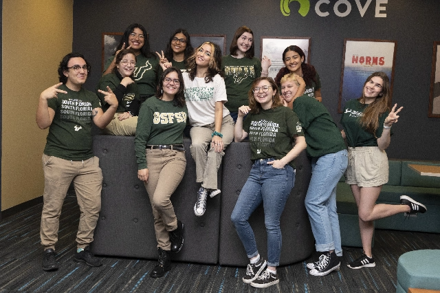 A group photo of USF's Orientation team at the St. Petersburg campus.