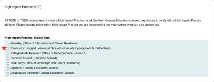 Image showing how to Select High Impact Practice section and select Community Engaged Learning