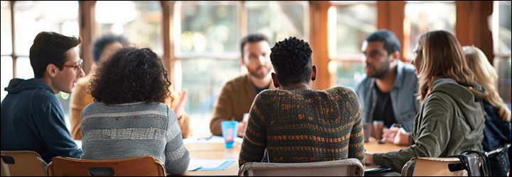 people sitting around a table discussing