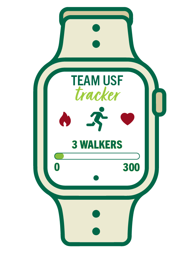 Fitness watch tracker showing 3 total Team USF walkers registered