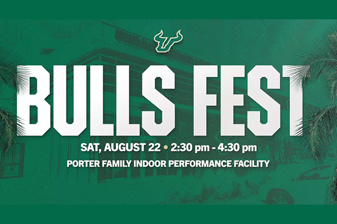 Green tinted Bulls Fest graphic with Porter Family Indoor Performance Facility in the background