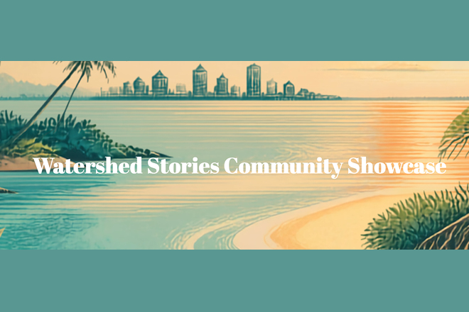 Watershed Stories Showcase graphic with a painted ocean background