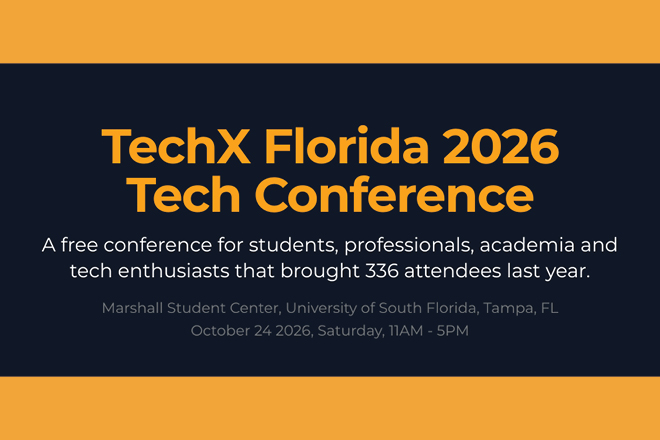 Black and orange TechX Florida graphic