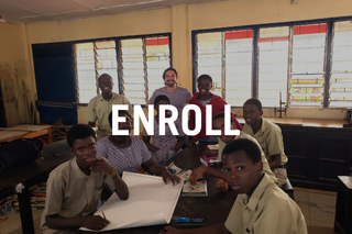 Students gathered around a table with text reading "enroll"