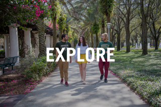 Three students walking on campus with text reading "explore"