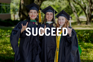 Three students in graduation attire with text reading "succceed"