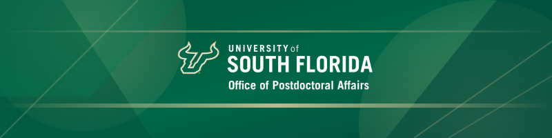 A graphical banner that has USF's Green and Gold on it with the Office of Postdoctoral Affairs logo in the middle