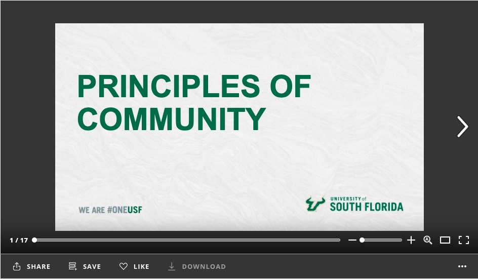 Screenshot of first slide of PowerPoint, "Principles of Community"