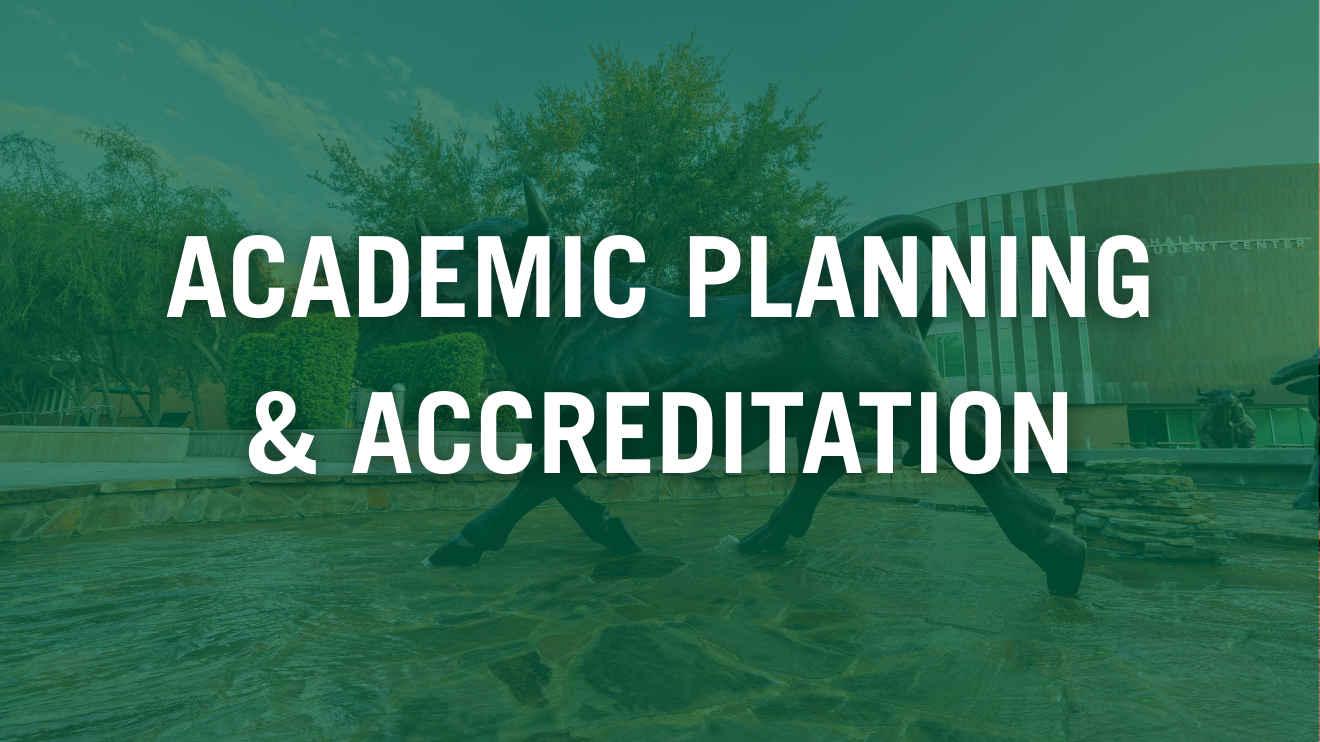 academic planning & accreditation text overlaying image of bull statue outside of marshall student center
