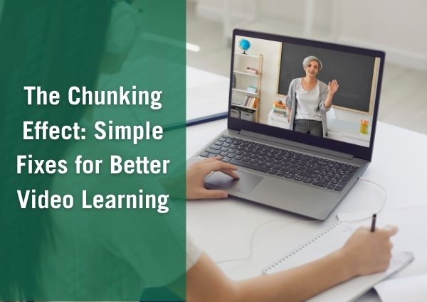 chunking effect graphic featuring woman teaching virtually on a laptop screen