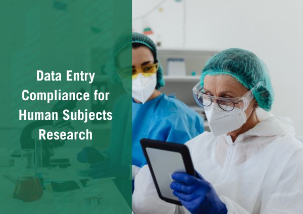 data entry compliance graphic featuring scientists in masks and lab coats