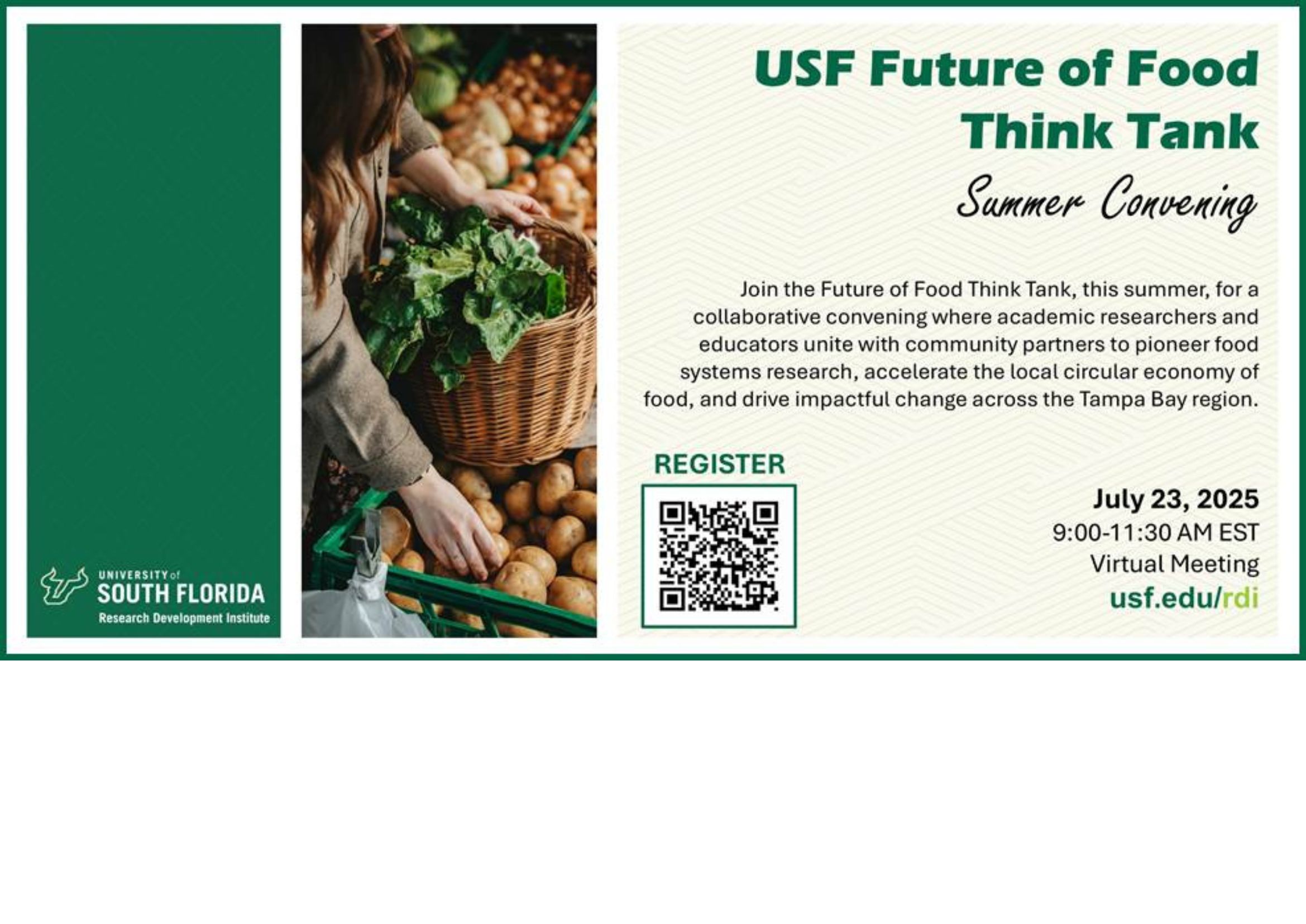 Future of Food Think Tank invitation with woman grabbing potatoes from a basket